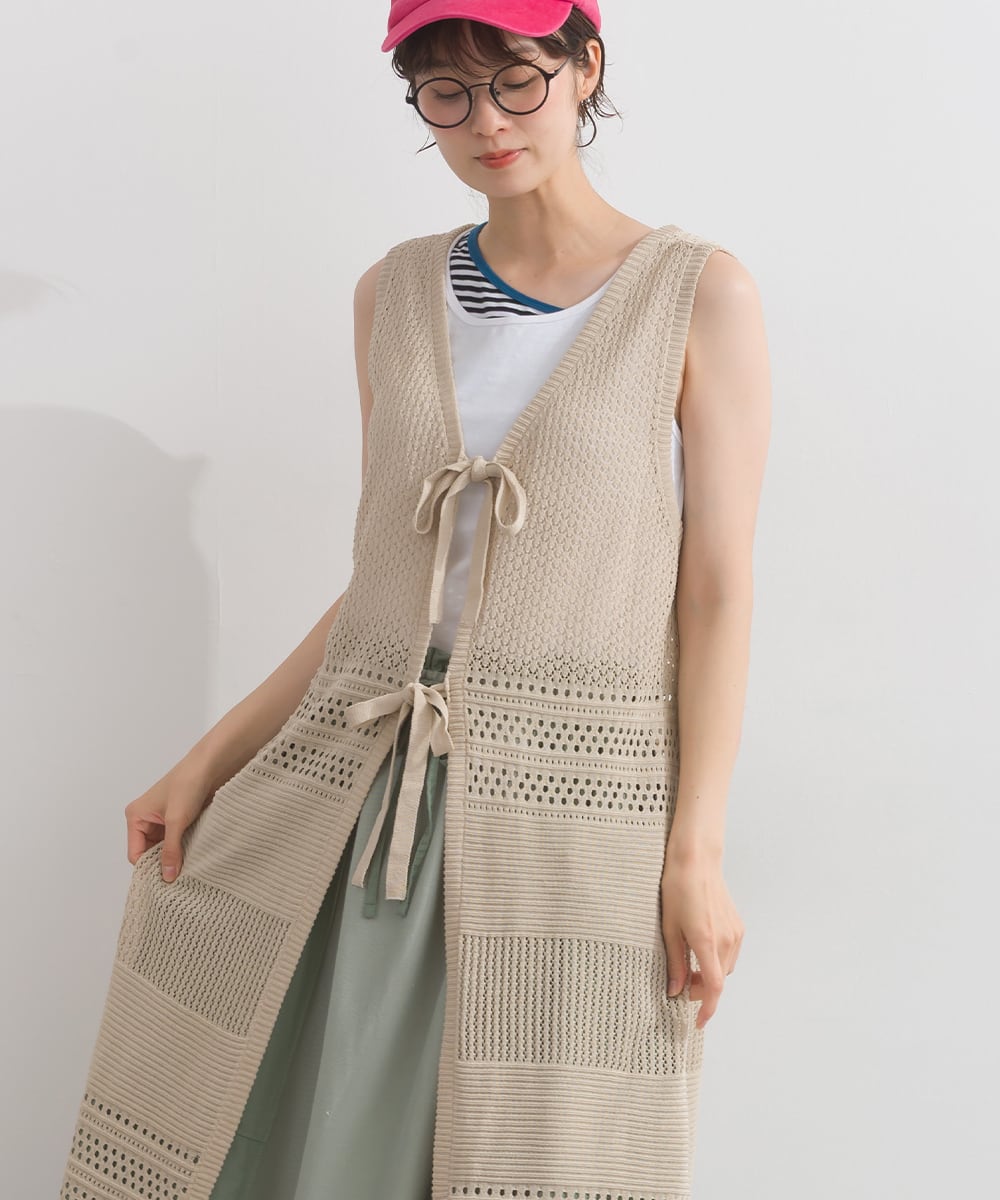 P262050 編み地切替ロングニットジレ / Pattern Knit Long Vest Dress