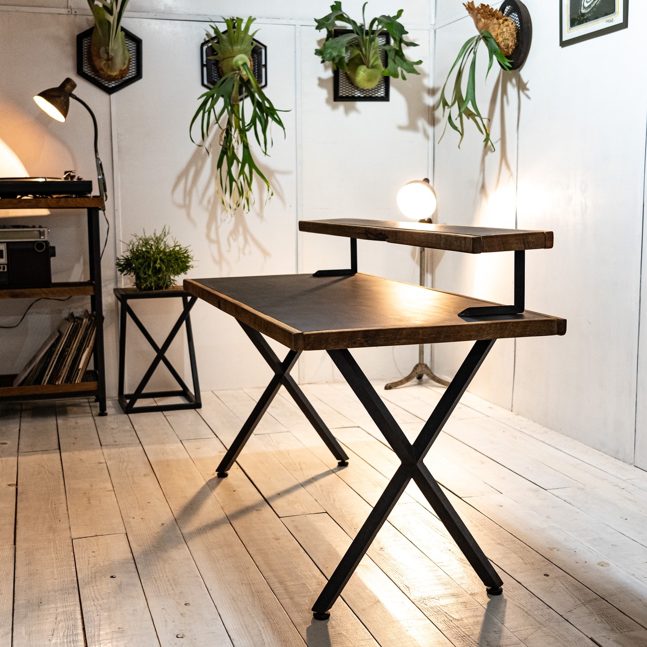 Black iron  Old oak & X edge legs work desk