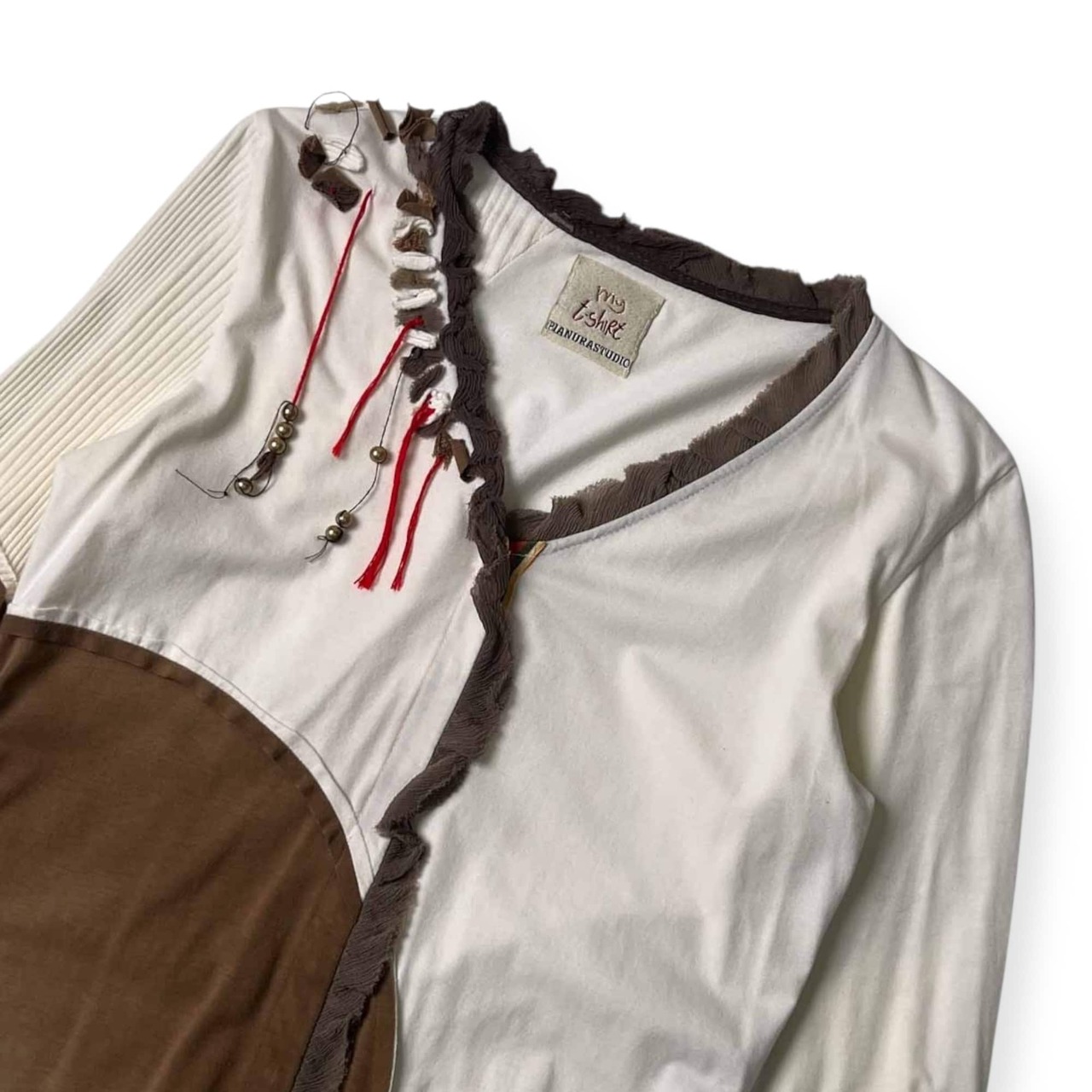 イタリア製 シルク混 my T-shirt PIANURASTUDIO ピアヌラストゥーディオ デザイン Vネック カーディガン 48/ホワイト×ブラウン系 レディース エスニック