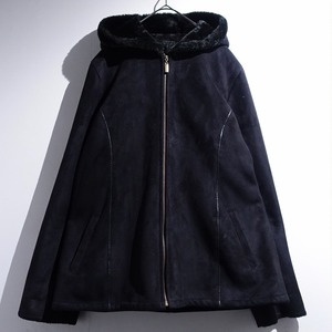 Black Faux Mouton Full-Zip Hooded Jacket