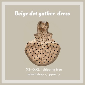 ベージュ ドット ギャザー ワンピース 犬服 ドッグウエア ドレス 袖なし キャミソール 水玉 カジュアル コットン シンプル