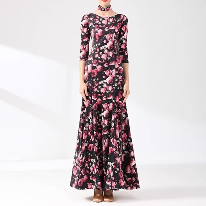 チョーカーネック マキシ フラワープリント ダンスドレス ds1500