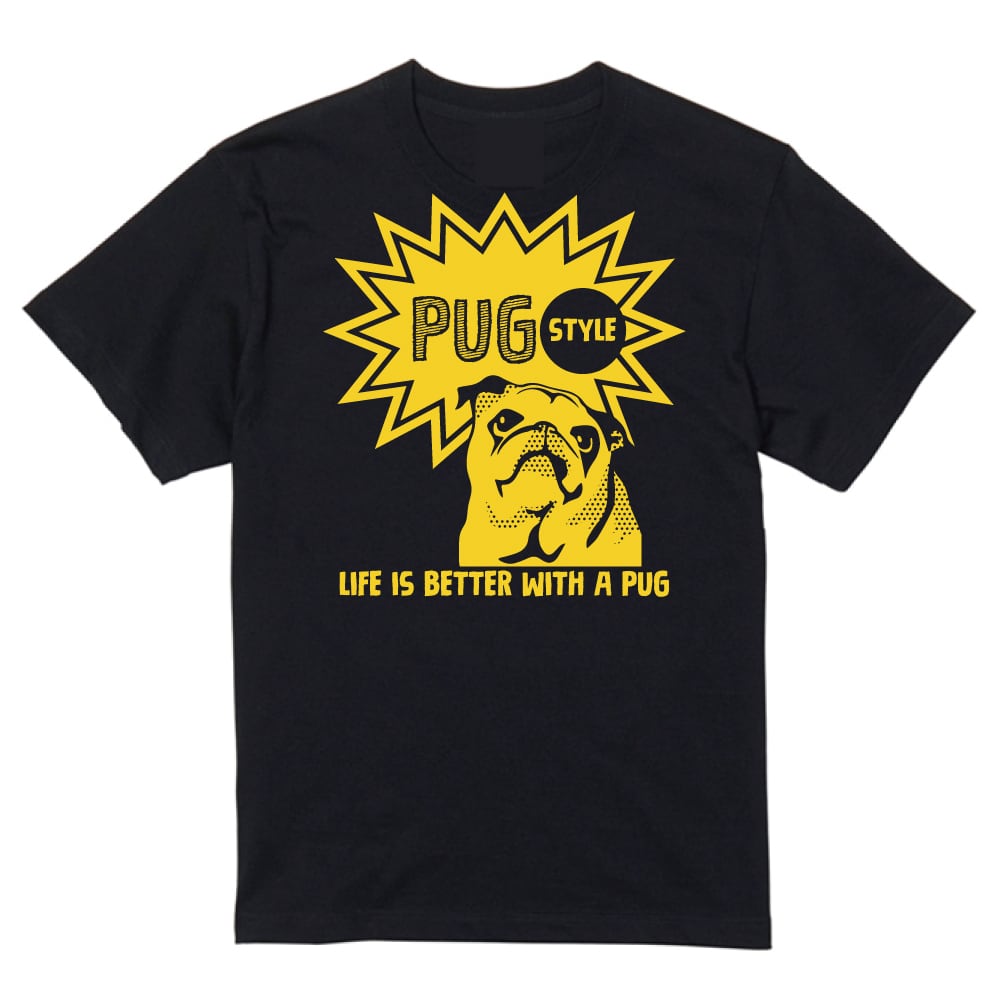 アメコミ風パグTシャツ【ブラック／イエロー】