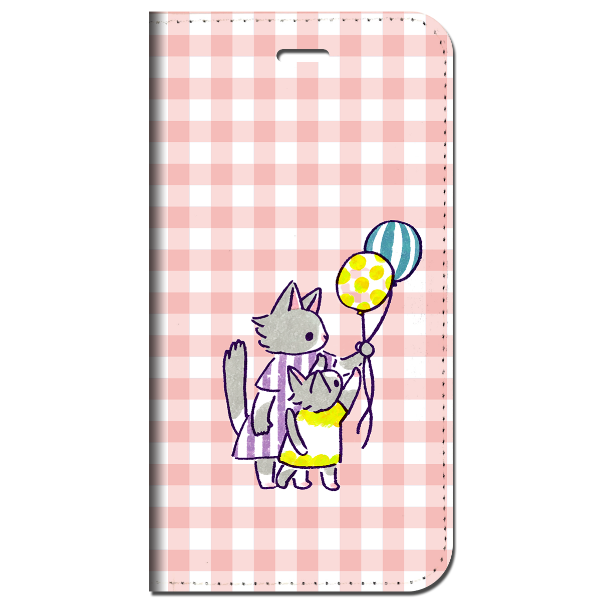 iPhone対応 スマホ 手帳型ケース ネコの親子 チェックももいろ イラスト キュート 動物 【iPhone16 / iPhone16e / iPhoneSE 他 iPhone各機種対応】 st63