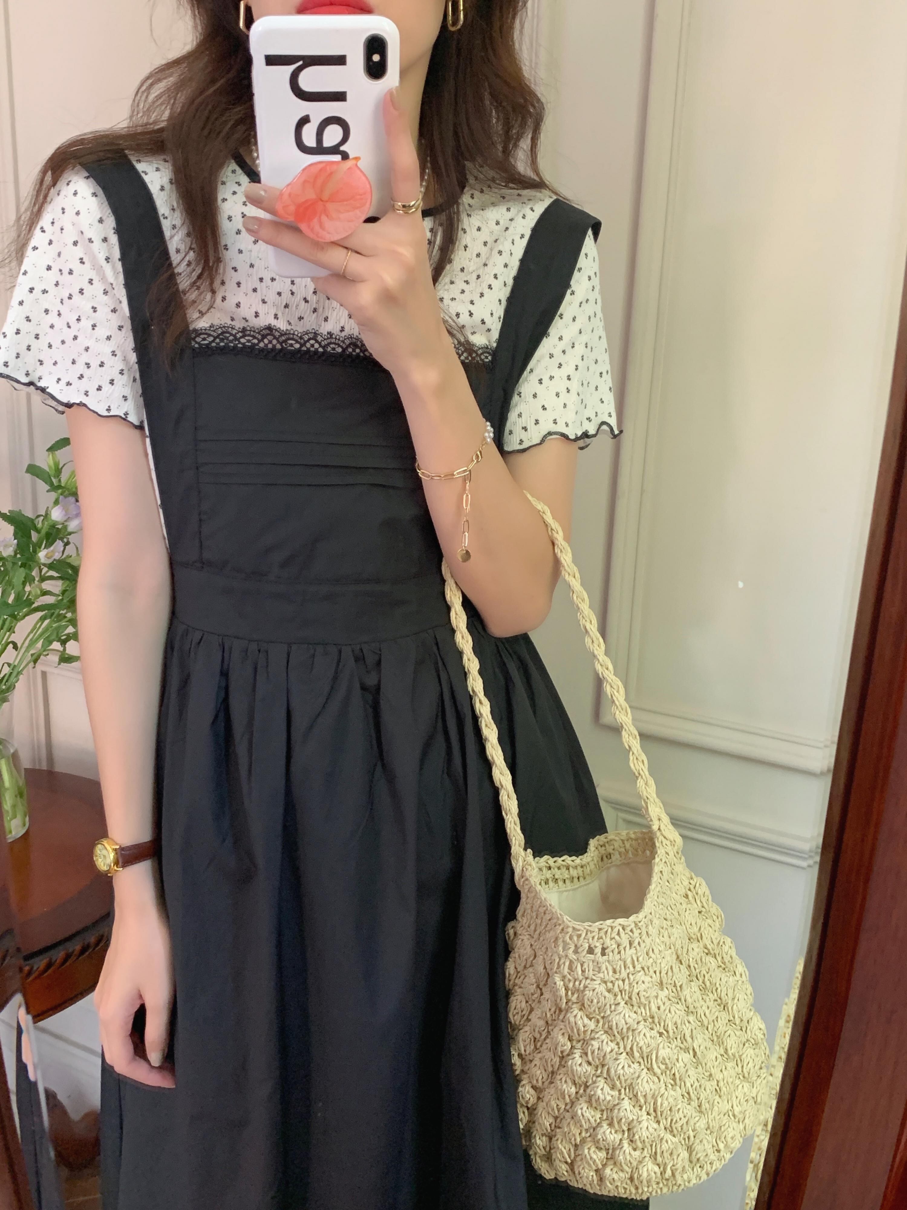 カラーレースTシャツ サマースタイルハイウェストウェストドレス レッド 夏物 ビッグFスモールZ韓国88772685433