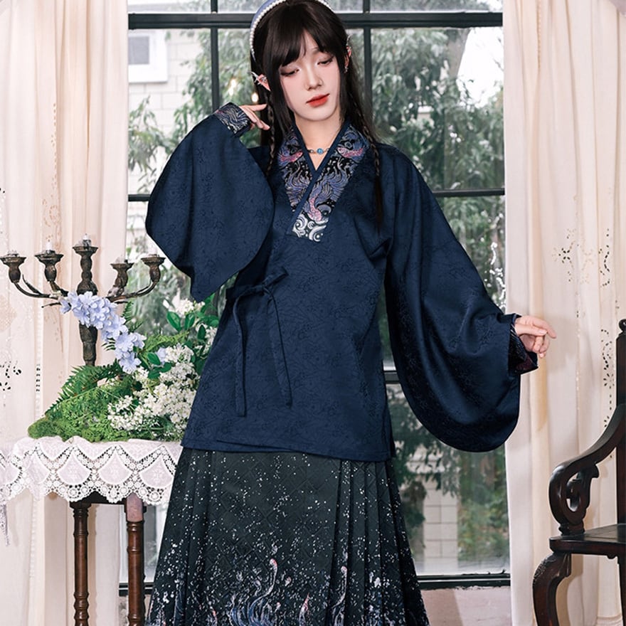 中華ゴシック 織金刺繍入り漢服シャツ ネイビー