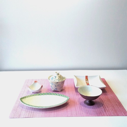 花絵四角鉢.緑濃楕円皿.小蓋物.小鉢5点セット