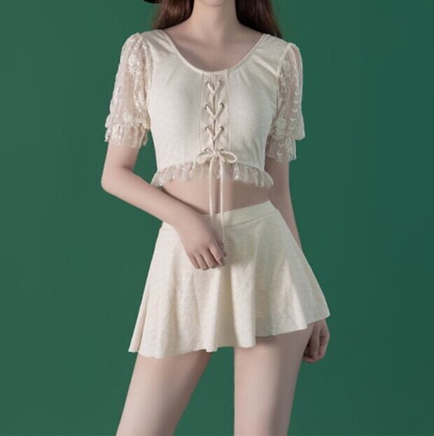 新作 21 夏 レディース 水着 レディース 水着 体型カバー スイムウェア レディース 水着 ママ セパレート水着レディース 水着 セパレート タンキニ レディース 水着 タンキニ 水着 半袖 キャンディースリーブ レース 袖レース 水着 フリル レースアップ リボン P7339