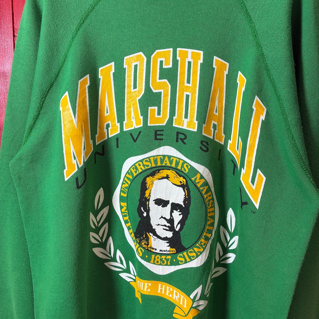 90s TULTEX / USA製 / MARSHALL UNIVERSITY カレッジスウェット / グリーン / Lサイズ ビッグプリント・ラグラン