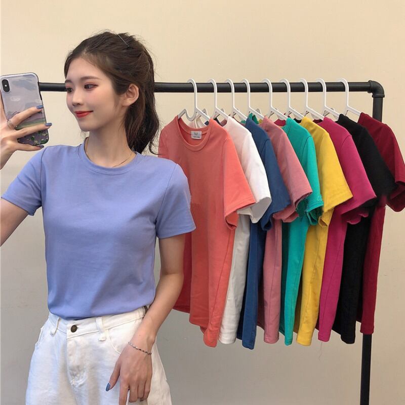 レッドソリッド カラーTシャツ オータムウィンタースリムクロップドトップス 秋物 冬物 ソリッドカラー 試着室92829695985