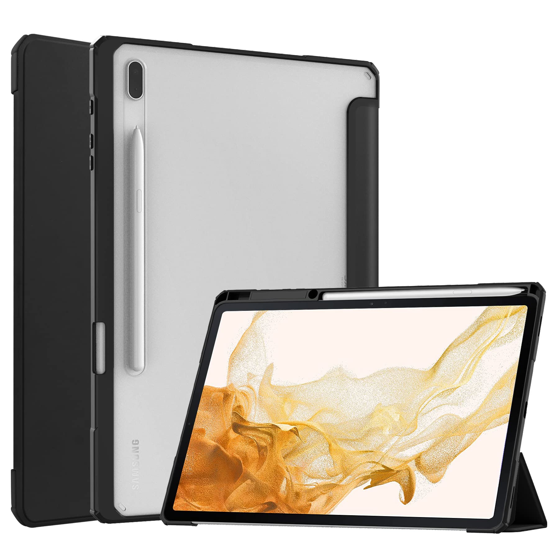 Galaxy Tab S8+ ケース Galaxy Tab S8 plus ケース ペンホルダー付き Galaxy Tab S8+ カバー【COKOVI】Galaxy Tab S8+ タブレット 12.4インチケース スタンド機能付き 三つ折り 裏全透明 軽量 薄型 全面保護 耐衝撃フレームケース マグネット内蔵 横開き オートスリープ機能(ブラック)