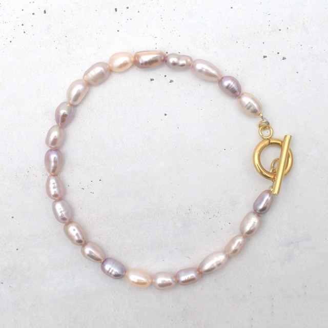 やさしいマルチカラー パープル系 小粒 4.5-5.0mm オーバル バロックパール ブレスレット 淡水パール / br-023
