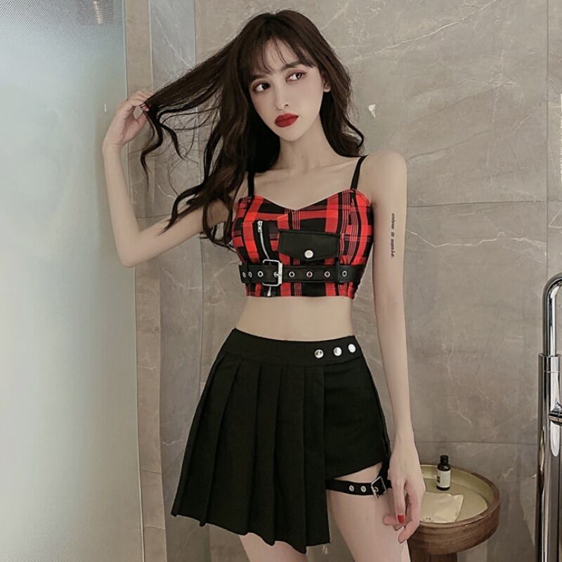 格子柄ウェストプリーツショートスカート セット ハンチェンe74395115529