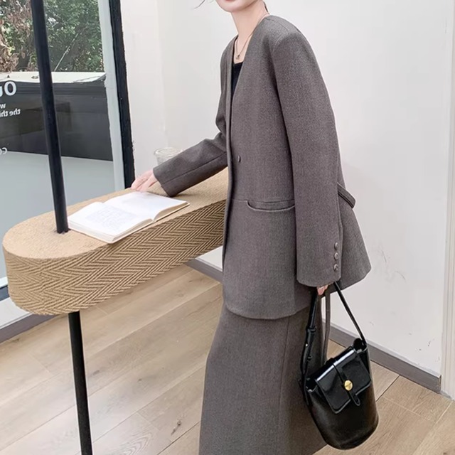 【ダブルブレストノーカラージャケットスカートセットアップ 】P02164