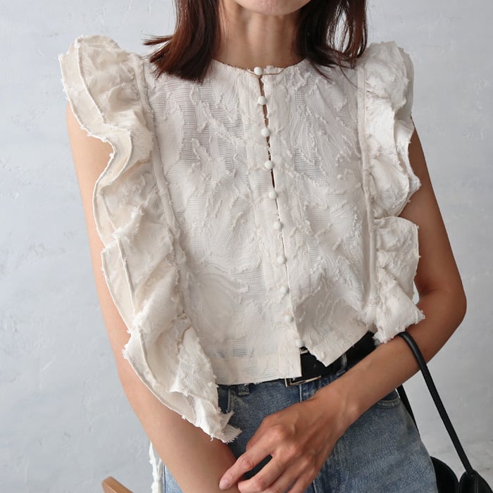 (Z96)フリルショルダーフリンジジャガードプルオーバー