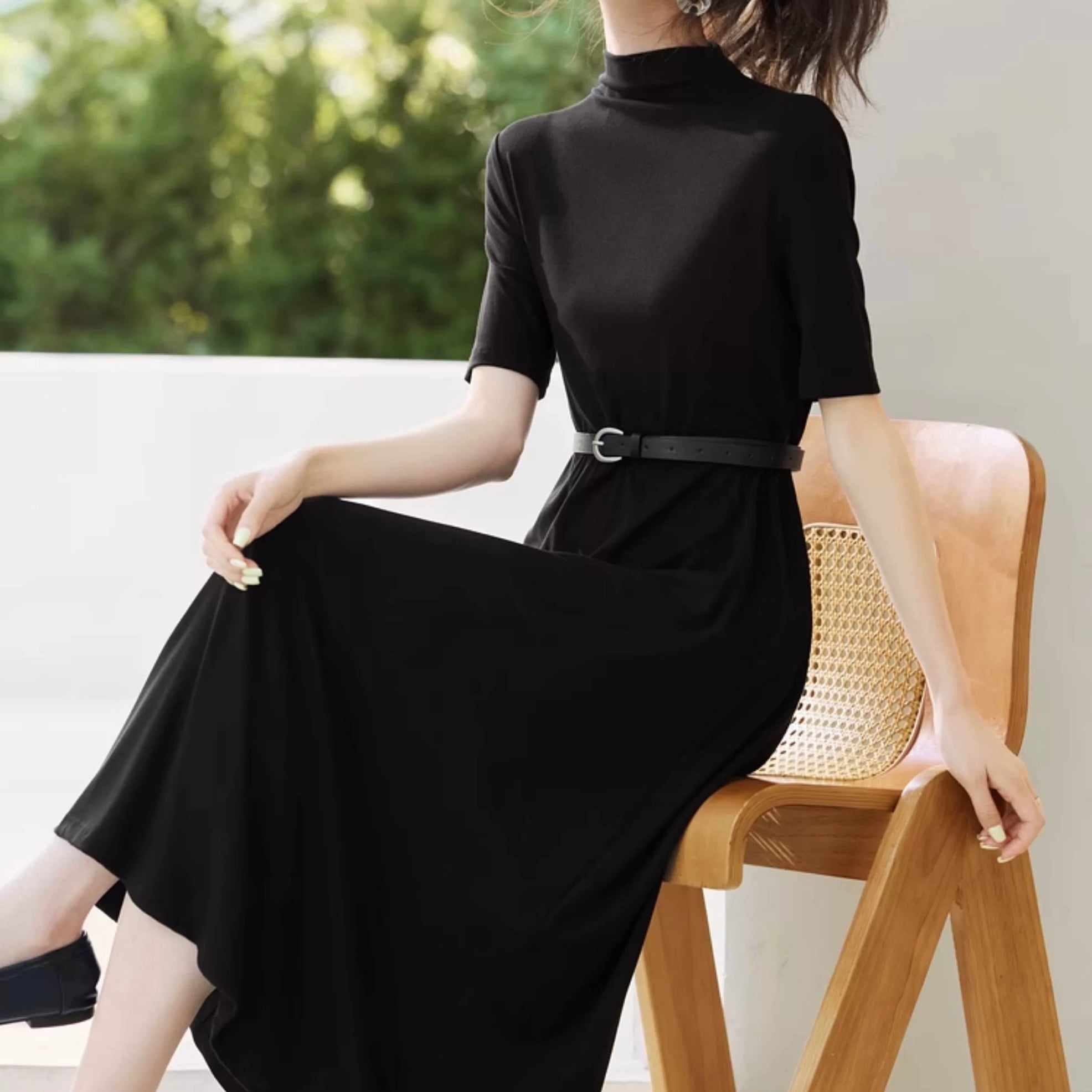 韓国風通勤 細見え&半ハイネック長袖ドレス YH9458