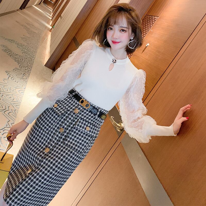 カラーFlowerデザイン スリーブニットトップス 格子柄スカート オータムウィンター 秋物 冬物 フラワーデザイン ステッチ MIUCO98317561257