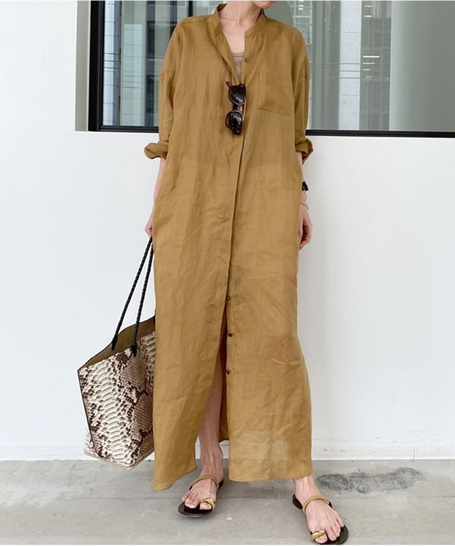 リネン混シャツワンピース◆マキシ丈【w-30130】