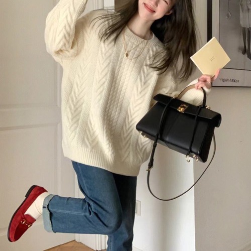 送料無料 レディース ケーブルニットセーター ラウンドネック フリーサイズ 20代30代40代ママ 春秋冬 大人カジュアル シンプル 着回し