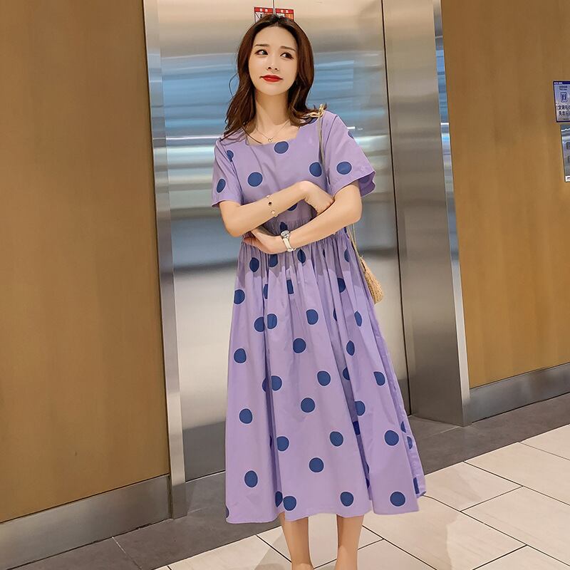 【新作】【送料無料】 マタニティウェア2020夏の新しい綿とリネンの水玉模様のウエストドレス、トレンディなマザーミドル丈で年齢を減らすマタニティドレス-アリババ コットン サマー 夏物 expec282299777580