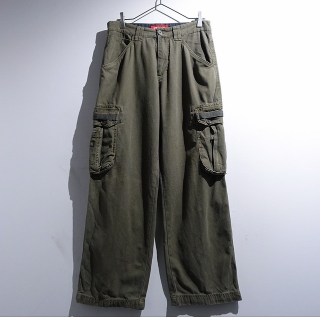 90s Khaki Green Multi-Pocket Wide Straight Cargo Pants