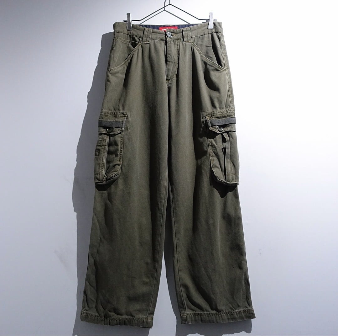 90s Khaki Green Multi-Pocket Wide Straight Cargo Pants