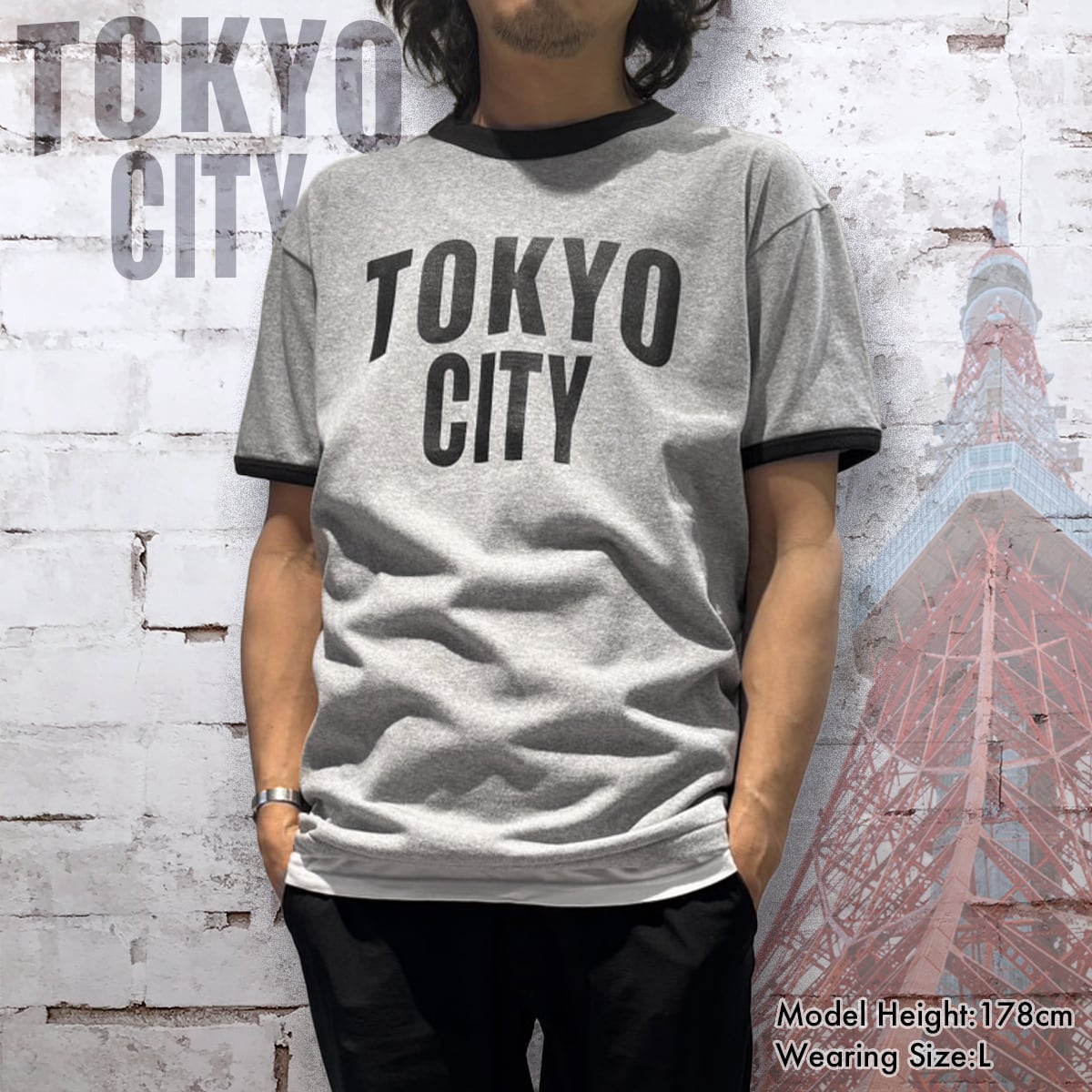 CORAZÓN TOKYO CITY ロゴ リンガーTシャツ ヘザーグレー×スミクロ
