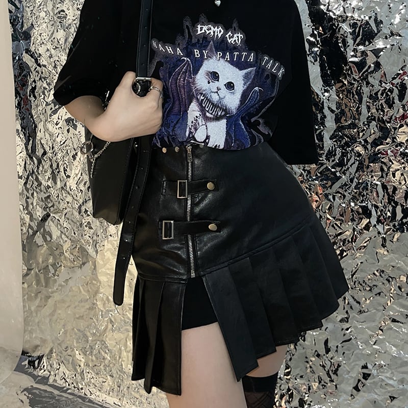 サブカル 服 地雷系 通販 ミニスカ PUレザー リベット プリーツ ZIP ベルト 闇かわいい ゴシックバンギャ