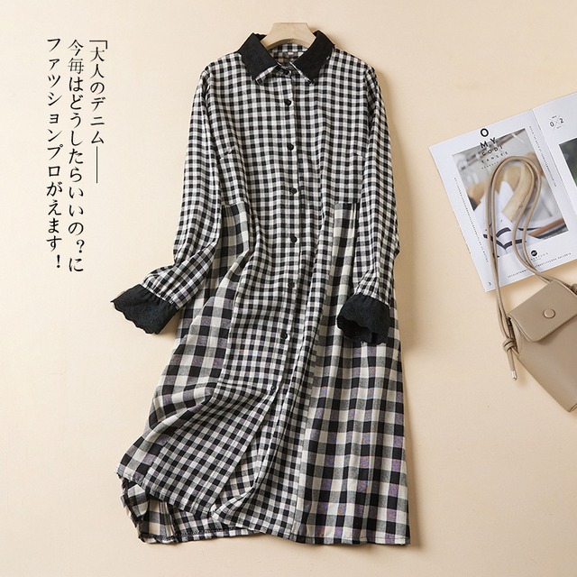 初回送料無料　春と秋の新作　ゆったり綿麻オーバーサイズチェックワンピース　カジュアルワンピース