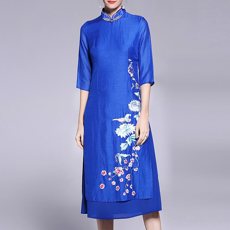 花柄 気質よい アオザイ風チャイナドレス ベトナム 民族風 ロングドレス ワンピース 七分袖 大きいサイズ S M L Ll 3l 二次会 ブルー 青い 改良型 入学式 卒業式 七五三 リゾート お出かけ Elegant