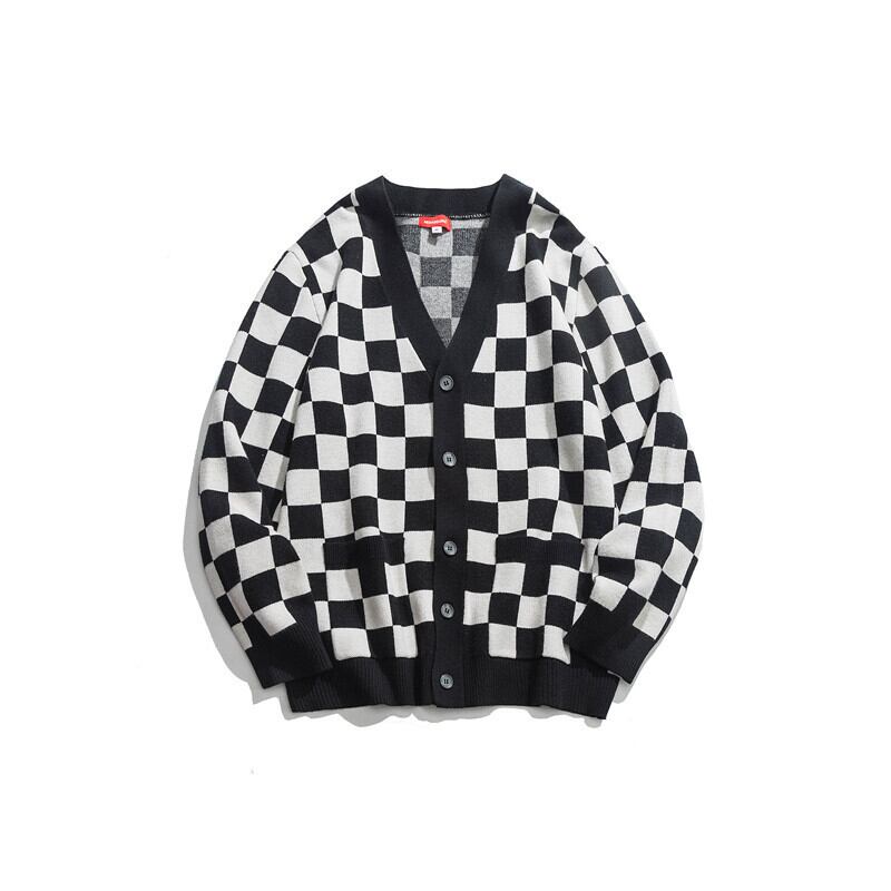 Yidao、ヴィンテージの秋の服、新しいeseトレンド、カジュアルなコントラストカラーのチェック柄カーディガンシャツ、メンズのルーズで用途の広いセーター-Alibaba オータム 秋物 ビンテージ hip6-161119952352360