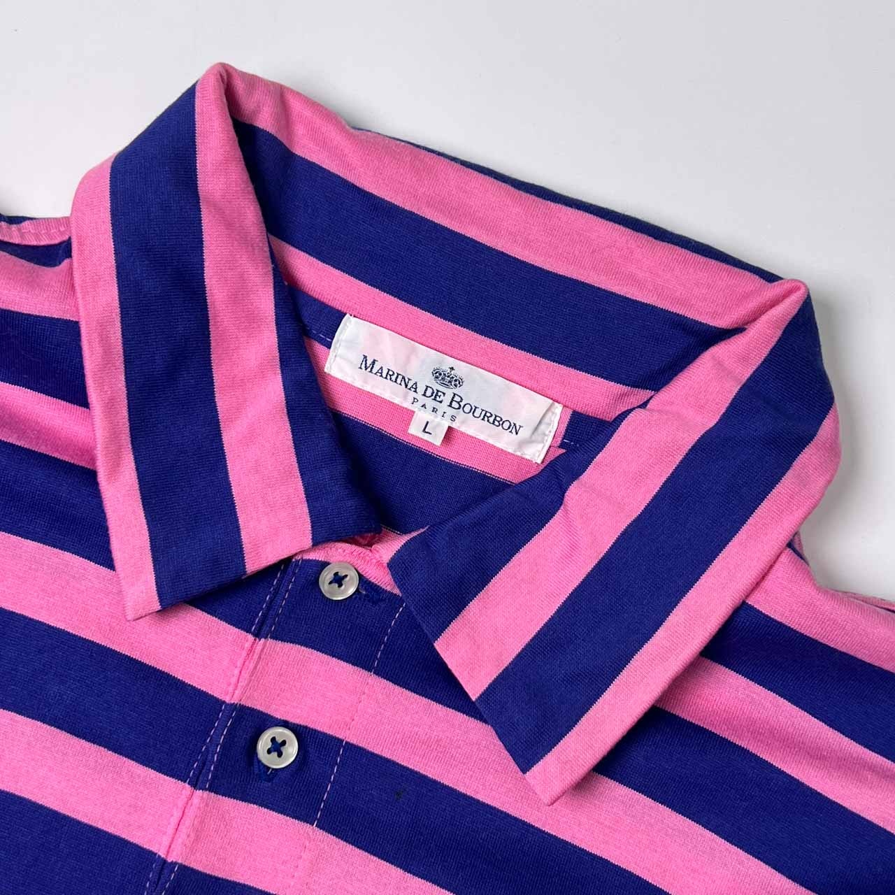 90s MARINA DE BOURBON マリナ ド ブルボン ボーダー 天竺 半袖 ポロシャツ L/ピンク×ブルー メンズ ビンテージ