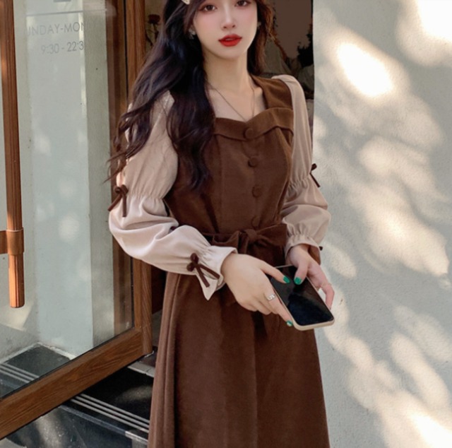 ワンピース 春ワンピース ツーピース風ワンピース 長袖 ミドル丈 スクエアネック Aラインスカート ハイウエスト 無地 春 代 30代 レトロ エレガント お出かけ デート H281 La Vie En Rose