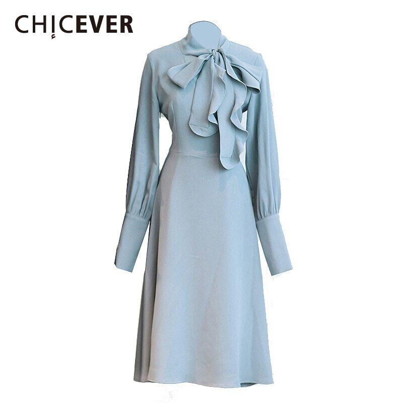 CHICEVERシフォンドレスレディースボウノットカラー長袖ウエストドレス2020年春 ロング リボン スプリング 春物 6base599801447413