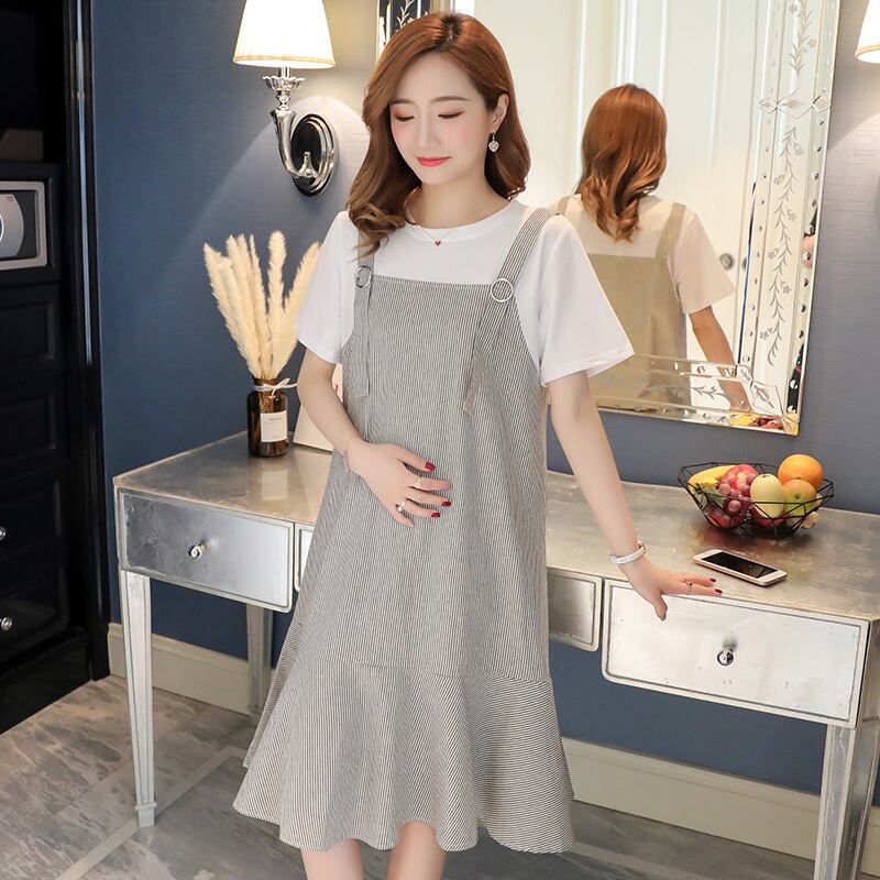 【新作】【送料無料】 マタニティドレス2019夏の新しいストライプ半袖ドレスファッションルーズミドルレングスフェイクツーピースマタニティドレス-アリババ サマー 夏物 expec295375224540