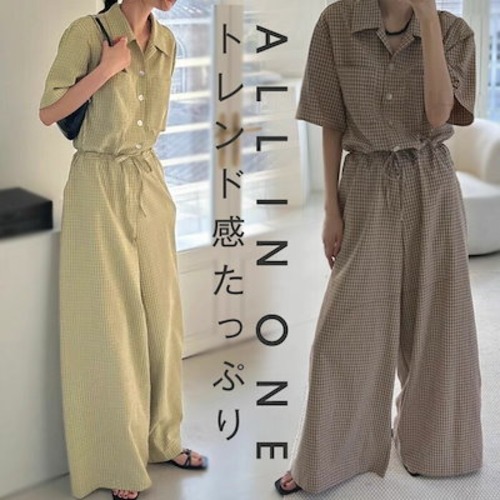 オールインワン レディース チェック柄 ワイドパンツ オーバーオール 春 夏 秋 半袖 ゆったり 体型カバー 女性 お呼ばれ 可愛い ワイドシルエット 大きいサイズ シンプル おしゃれ ゆったり カジ