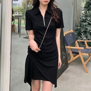 ワンピース レディース ハーフジップ シャーリング タイトミニワンピース ショート丈 半袖 大人 おしゃれ 大人女子 セクシー 存在感 春 夏 デート お出かけ 休日 旅行 普段使い 体系カバー 送料無料 S M L XL 2XL ブラック グレー