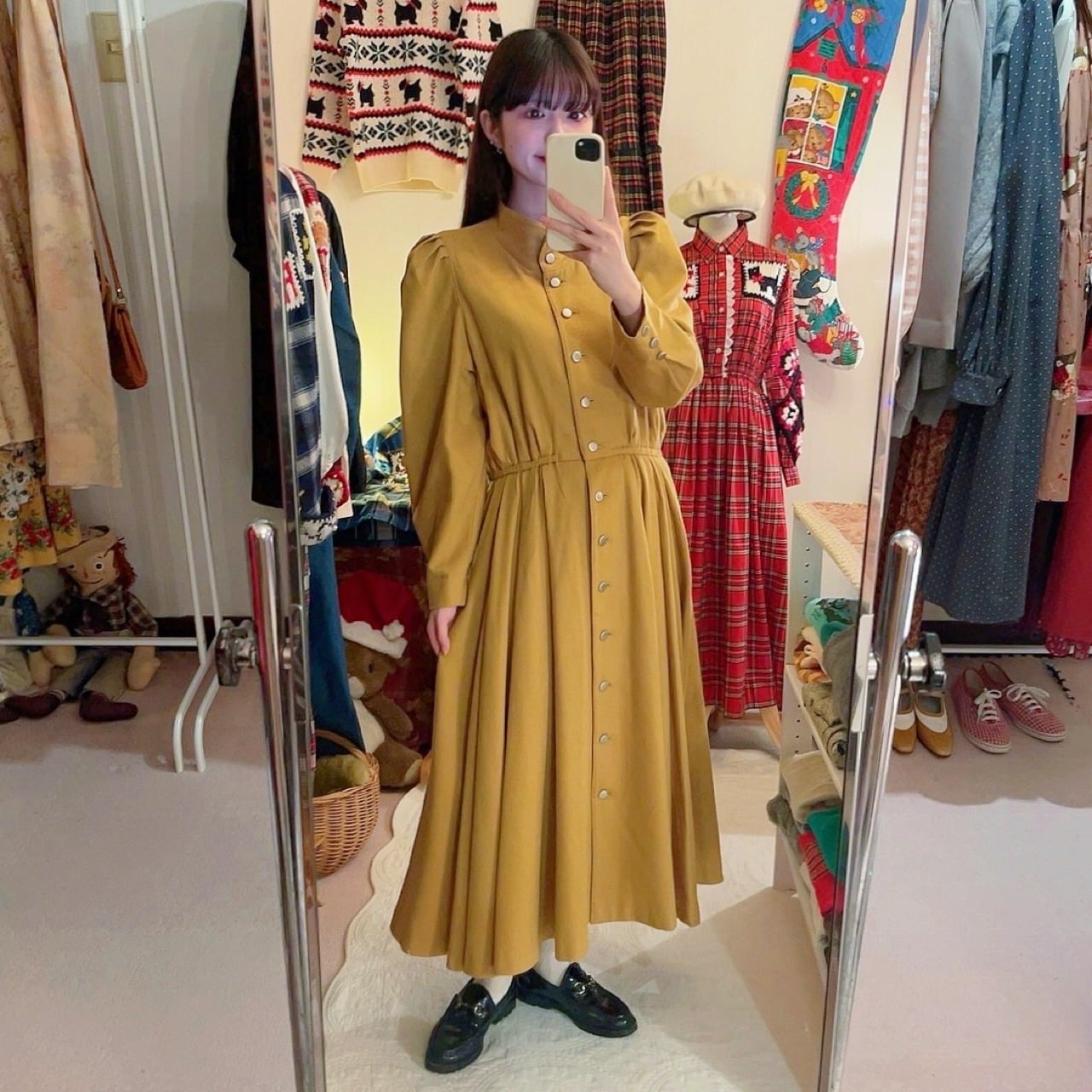 mustard front metal button one-piece