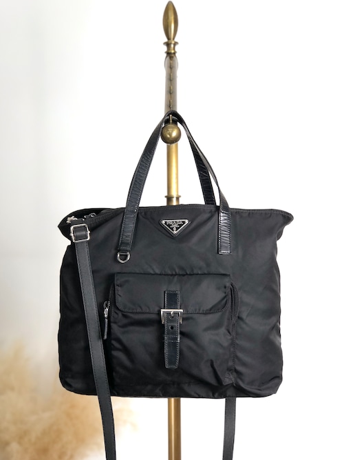 PRADA プラダ ハンドバッグ ブラック トライアングルロゴ ナイロン フロントポケット 2way バックル vintage ヴィンテージ オールド kuap33