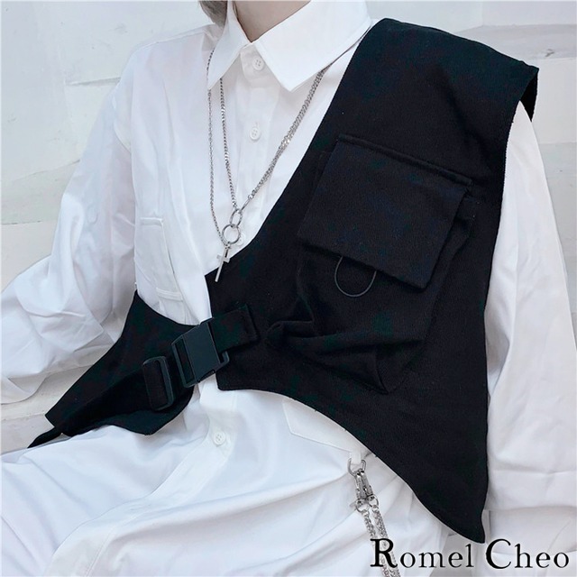 Romelcheo シンプル シャツ ワンショルダー ベスト 無地 ブラウス 斜めがけ チョッキ アシンメトリー アシメ 変形 レディース メンズ ユニセックス 長袖 韓国 ストリート系 ミリタリー カジュアル ファッション ロメルチェオ Romelcheo