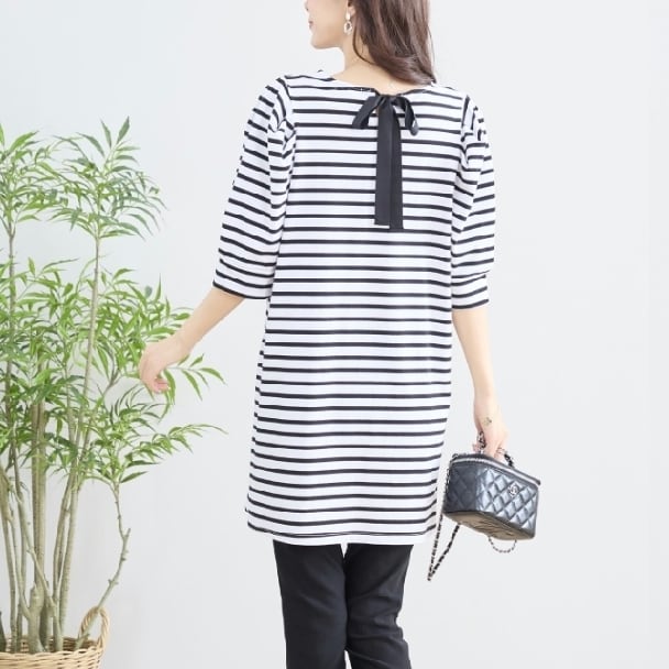 チュニック バックリボン付き ボーダー カットソー ロングTシャツ N83