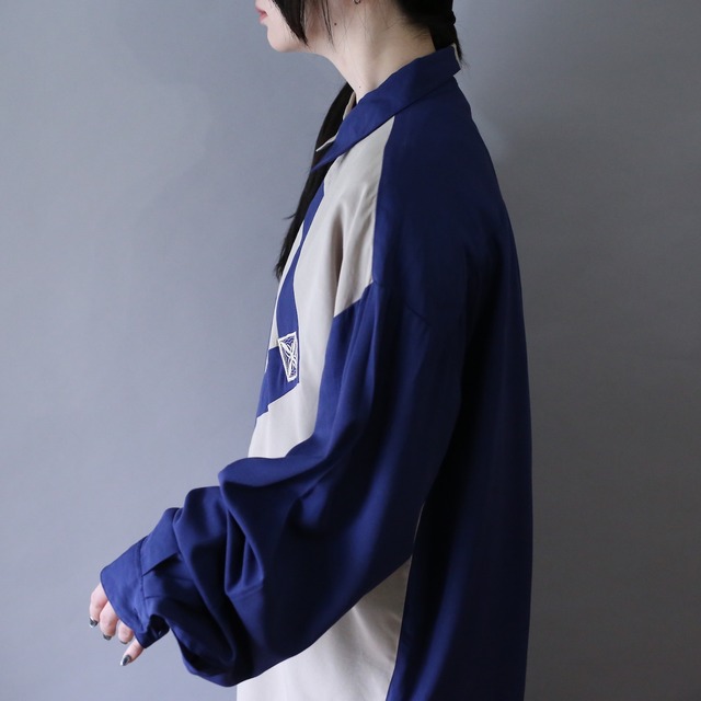 "刺繍" and switching asymmetry design good bi-color over silhouette shirt