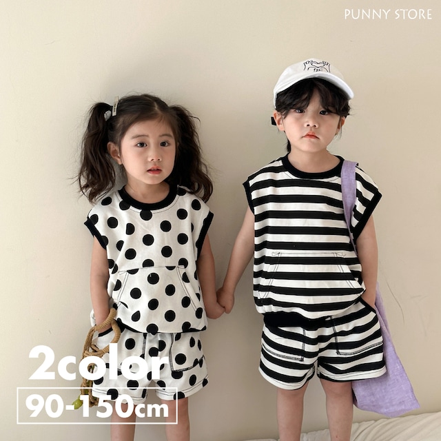 《取寄》ドット＆ボーダーモノクロセットアップ （全２色） QQMM 2024夏 韓国子供服 白黒 シンプル ２点セット 上下セット リンクコーデ