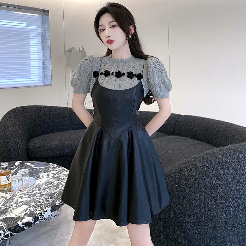 ウェストレザースカート オータムスリーブニットセーター トップス ストリート 秋物 ガールズファッション38160137545