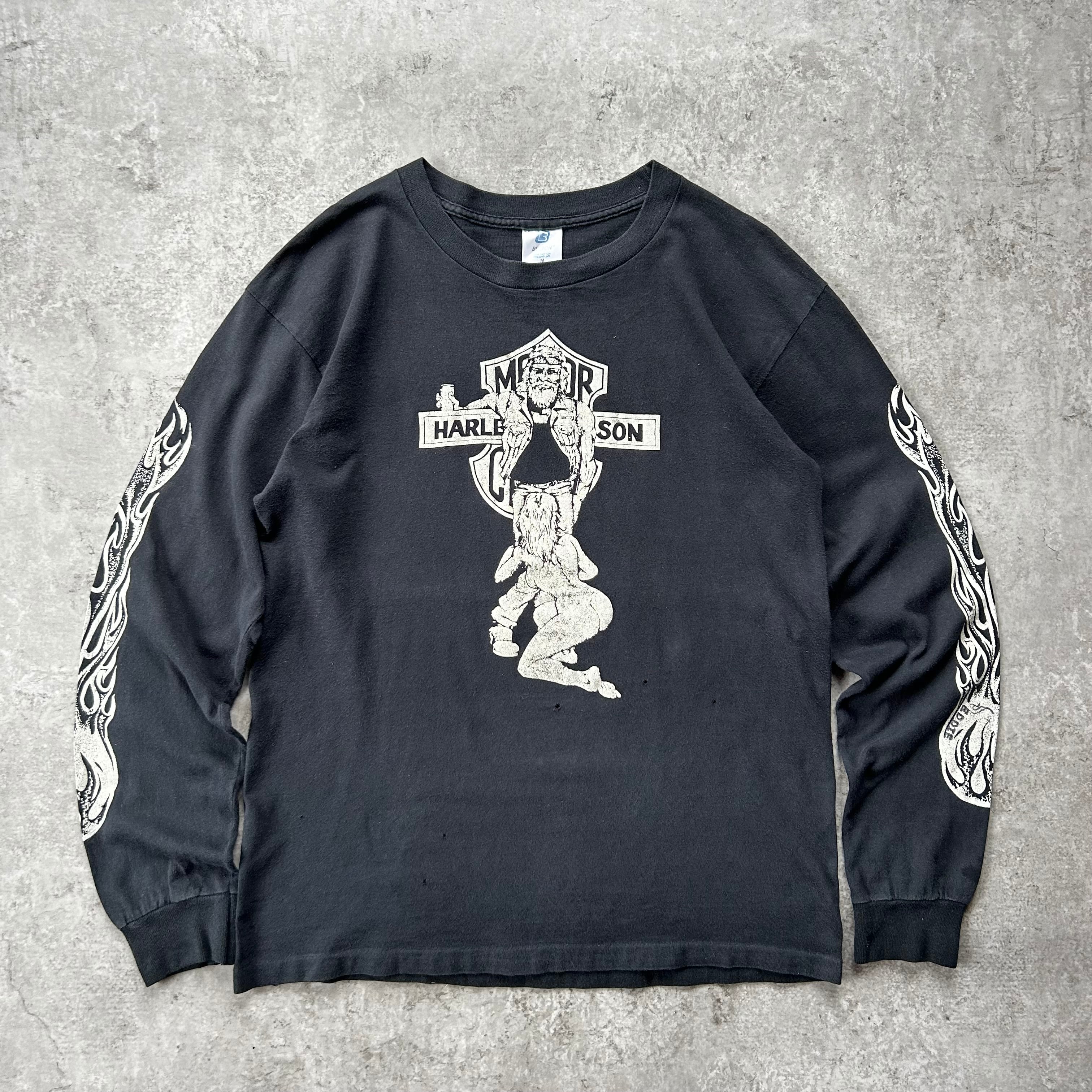 90s- インディアンモーターサイクル ロンt 墨黒 L 袖プリ ブルー