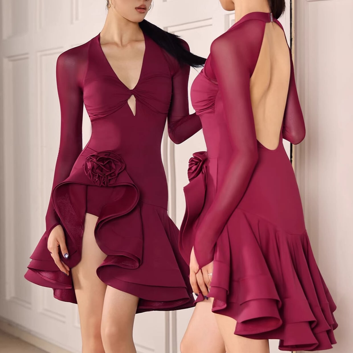 カットアウト フリル アシンメトリー ダンスドレス ds1108