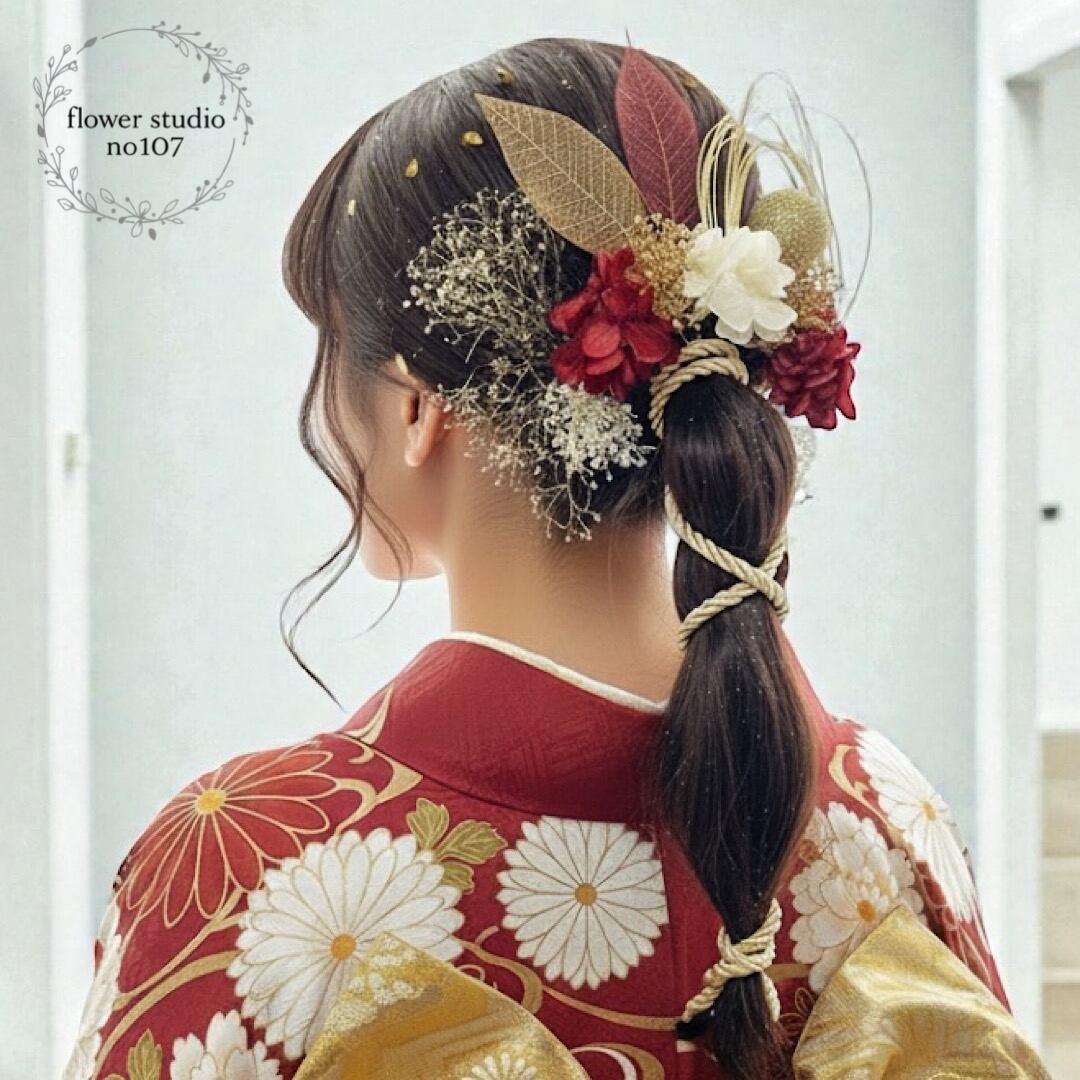 成人式髪飾り 水引き髪飾り レッド×ホワイト 水引 水引き 金箔 紐