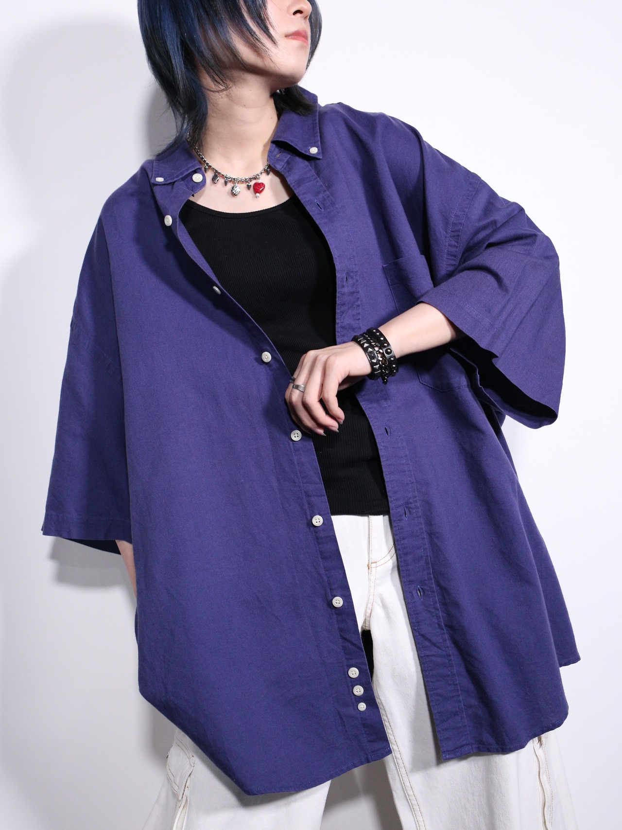 "Eddie Bauer" violet color over silhouette cotton × linen s/s shirt - 2
