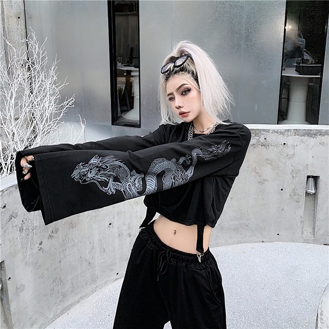 ゴスロリ通販 With U Ｔシャツ ショート丈 ワイドスリーブ ドラゴンプリント柄  ストリート系 病み可愛い 地雷系 バンギャ 原宿系 ゴスロリ服 病み服