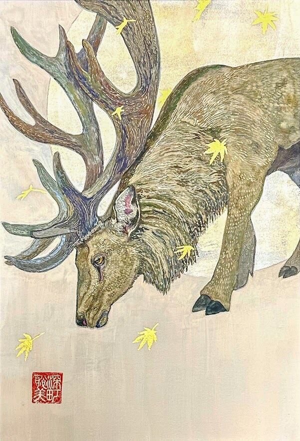 秋いっぱい 鹿と紅葉の和風アート | DARENIHO ARTSHOP